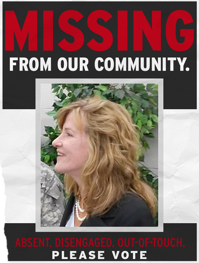 Profile shot of State Senator Mary-Dulany James on a MISSING poster